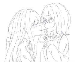 2girls blush cho_kaguya-hime! collared_shirt commentary eye_contact food food_in_mouth fox_shadow_puppet greyscale grin highres holding_hands hood hooded_jacket interlocked_fingers jacket kaguya_(cho_kaguya-hime!) lineart long_sleeves looking_at_another medium_hair mole mole_under_eye monochrome mouth_hold multiple_girls open_clothes open_jacket pocky pocky_in_mouth pocky_kiss sakayori_iroha shirt simple_background smile thereaakari upper_body white_background yuri 