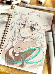  1girl alto2019 animal_hat art_tools_in_frame between_fingers blush breasts closed_mouth commentary_request dated hat heart highres holding holding_ofuda looking_at_viewer medium_breasts medium_hair mob_cap ofuda ofuda_between_fingers photo_(medium) signature smile solo touhou traditional_media yakumo_ran 