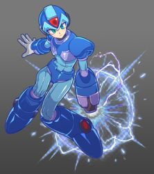  1boy arm_cannon armor blue_armor blue_helmet forehead_jewel full_body g_nm_k green_eyes grey_background helmet male_focus mega_man_(series) mega_man_x_(series) simple_background weapon x_(mega_man) 
