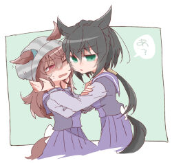  2girls animal_ears beanie beer_hsk black_hair bow braid brown_hair commentary_request crown_braid ears_through_headwear green_background green_eyes grey_hat hair_between_eyes half-closed_eye hat horse_ears horse_girl horse_tail kin'iro_ryotei_(umamusume) long_hair long_sleeves low_ponytail multiple_girls nakayama_festa_(umamusume) one_eye_closed open_mouth parted_lips pleated_skirt ponytail puffy_long_sleeves puffy_sleeves purple_shirt purple_skirt red_eyes school_uniform shirt skirt striped_clothes striped_headwear sweat tail tracen_school_uniform translation_request two-tone_background umamusume vertical-striped_clothes vertical-striped_headwear very_long_hair wavy_mouth white_background white_bow 