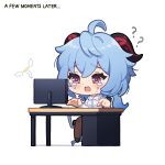  1girl ? ?? absurdres blue_hair chair chibi chlgo08 computer full_body ganyu_(genshin_impact) genshin_impact halo highres horns long_hair looking_at_another office_lady open_mouth solo table tearing_up violet_eyes 