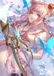  1girl absurdres bare_arms black_bow blue_butterfly blunt_bangs bow brown_eyes bug butterfly commentary_request commission cowboy_shot crown daisy_(flower) double_bun dress dress_bow eyelashes facial_mark fingernails flower flower_in_eye frilled_sleeves frills gown hair_bow hair_bun hair_flower hair_ornament happy highres holding holding_weapon leaf light_blush light_particles long_dress long_hair lying mini_crown on_back open_mouth original pink_hair puffy_short_sleeves puffy_sleeves red_crown rose sainome_(imveryfinethx) sample_watermark short_sleeves sidelocks signature smile solo symbol_in_eye teeth upper_teeth_only watermark weapon weapon_request whisker_markings white_bow white_dress white_flower white_rose 