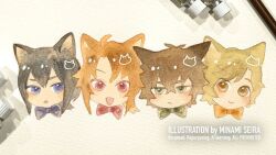  4boys :d acrylic_paint_(medium) ahoge alternate_hair_color alternate_species amaki_ren animal_ears antenna_hair art_tools_in_frame artist_name black_hair blonde_hair blue_bow blue_bowtie blue_eyes blush bow bowtie brown_hair cat_boy cat_day cat_ears cat_hair_ornament check_medium closed_mouth commentary_request double-parted_bangs english_commentary english_text frown green_bow green_bowtie green_eyes hair_between_eyes hair_ornament head_only iwatani_naofumi kawasumi_itsuki kitamura_motoyasu male_focus medium_hair medium_request messy_hair minami_seira mixed-language_commentary multiple_boys open_mouth orange_bow orange_bowtie painting_(medium) parted_bangs red_bow red_bowtie smile straight_hair swept_bangs tate_no_yuusha_no_nariagari traditional_media v-shaped_eyebrows watermark white_background yellow_eyes 
