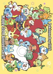  anniversary berry_(pokemon) blue_eyes bulbasaur charmander chespin chikorita chimchar claws closed_mouth commentary_request cyndaquil eevee fangs fennekin froakie fuecoco grookey highres litten looking_at_viewer mudkip no_humans one_eye_closed open_mouth oshawott pikachu piplup poke_ball poke_ball_(basic) pokemon pokemon_(creature) pokemon_focus popplio quaxly red_eyes rowlet saki_pokeoekaki scorbunny smile snivy sobble sprigatito squirtle star_(symbol) tail teeth tepig torchic totodile treecko turtwig 