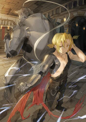  2boys alphonse_elric armor black_pants blonde_hair braid commentary_request edward_elric electricity fighting_stance full_armor fullmetal_alchemist highres indoors male_focus multiple_boys nasubin_(nasubisamurai15) pants prosthesis prosthetic_arm shirt torn_clothes torn_shirt yellow_eyes 