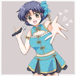  1girl :d blue_hair brown_eyes chinese_clothes commentary_request grey_background hair_ornament heart highres holding holding_microphone idol idol_clothes looking_at_viewer microphone pale_skin ranma_1/2 reaching reaching_towards_viewer short_hair smile solo takotakoagare85 tendou_akane 