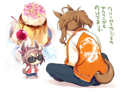  0_0 2girls ahoge animal_ears black_pants blue_pants braid brown_hair commentary_request ear_ribbon hair_between_eyes hood hood_down hoodie horse_ears horse_girl horse_tail jacket jungle_pocket_(umamusume) letterman_jacket multiple_girls narita_taishin_(umamusume) odawara_hakone open_clothes open_jacket orange_jacket pants parted_bangs pink_ribbon ponytail pudding_a_la_mode red_jacket ribbon simple_background sitting standing stiff_tail sunglasses tail translation_request umamusume white_background white_hoodie 