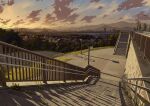  absurdres building city cityscape clouds commentary_request evening grass highres house lamppost marimo_(marimo2468) mountain mountainous_horizon no_humans original railing scenery shadow sky skyscraper stairs sunset tree 