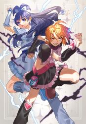  2girls arm_warmers black_arm_warmers black_skirt blue_hair bow bowtie brown_hair clenched_hands clenched_teeth cure_black cure_white dress earrings frilled_skirt frills frown futari_wa_precure heart heart_earrings highres jewelry magical_girl misumi_nagisa multiple_girls n-bata pink_bow pink_bowtie precure skirt teeth white_arm_warmers white_dress yukishiro_honoka 