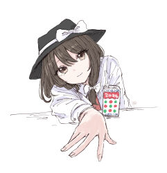  1girl arm_rest black_hat bow brown_eyes brown_hair closed_mouth commentary_request drink_carton drink_request hair_between_eyes hair_bow hat hat_bow highres kashiwada_kiiho long_sleeves looking_at_viewer necktie partial_commentary partially_translated red_necktie shirt signature smile solo table touhou translation_request usami_renko white_background white_shirt 