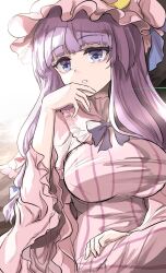  1girl blue_ribbon blunt_bangs bow bowtie breasts commentary crescent crescent_hat_ornament dress hair_ribbon hand_on_lap hand_up hat hat_ornament highres huge_breasts impossible_clothes impossible_dress long_dress long_hair long_sleeves looking_to_the_side mob_cap namiki_(remiter00) open_mouth patchouli_knowledge pink_dress pink_hat pinstripe_dress pinstripe_pattern purple_bow purple_bowtie purple_hair red_ribbon ribbon sitting solo touhou violet_eyes wide_sleeves 