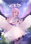  1girl absurdres angel_wings blue_archive bouquet flower hair_flower hair_ornament halo highres likameri025 mika_(blue_archive) pink_background pink_hair sky solo star_(sky) starry_background starry_sky wings 