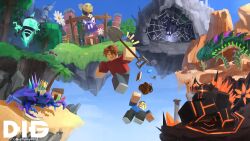  2others ambiguous_gender animal backpack bag barn beach blue_sky book bug cave crab creature falling flakey_9000 floating_island flower forest full_body highres holding holding_shovel lava mountain multiple_others nature other_focus oversized_flower roblox scenery shovel silk sky spider spider_web water_tower wide_shot 