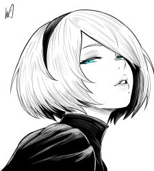  1girl 2b_(nier:automata) blue_eyes bob_cut commentary dress english_commentary hairband looking_at_viewer lughost mole mole_under_mouth monochrome nier:automata nier_(series) no_blindfold short_hair signature solo spot_color 