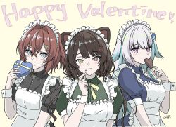 3girls alternate_costume ange_katrina animal_ears animal_hair_ornament apron aqua_hair black_dress blue_dress blue_eyes blush box breasts bright_pupils brown_hair candy chocolate closed_mouth collared_dress colored_inner_hair commentary_request crossed_bangs dog_ears dress flower food food_on_face frilled_apron frills gift green_dress hair_between_eyes hair_flower hair_intakes hair_ornament hand_up happy_valentine heart heart-shaped_box heart-shaped_chocolate heart-shaped_food heterochromia highres holding holding_chocolate holding_food holding_gift inui_toko kirisame_oo lize_helesta long_hair looking_at_viewer low_twintails maid maid_apron maid_headdress medium_breasts medium_hair multicolored_hair multiple_girls neck_ribbon nijisanji puffy_short_sleeves puffy_sleeves red_eyes red_hair ribbon sanbaka_(nijisanji) short_sleeves simple_background small_breasts split_mouth sweatdrop triangle_hair_ornament twintails two-tone_hair valentine very_long_hair violet_eyes virtual_youtuber white_apron white_hair white_headdress white_pupils white_wrist_cuffs wrist_cuffs yellow_background yellow_eyes yellow_ribbon 