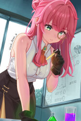 1girl aivy_lovencraft blush chalkboard closed_mouth fanart gloves highres indie_virtual_youtuber isai_salazar monocle pink_hair skirt spanish_commentary virtual_youtuber vtuber vtuberfanart