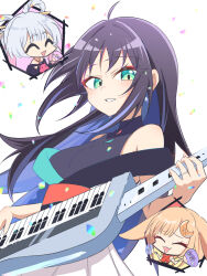  3girls :3 :d ^_^ animal_ears armpit_crease bare_shoulders black_hair black_shirt blonde_hair blue_hair blue_streaks breasts chibi chibi_inset cho_kaguya-hime! closed_eyes colored_inner_hair commentary_request cowboy_shot green_eyes grey_hair grin hair_ornament hair_rings hair_stick hand_fan hand_fan_writing highres holding holding_fan holding_instrument instrument japanese_clothes kaguya_(cho_kaguya-hime!) keytar kimono lop_rabbit_ears medium_breasts multicolored_hair multiple_girls open_mouth paper_fan pink_hair rabbit_ears red_kimono revision runami_yachiyo sakayori_iroha shirt sleeveless sleeveless_shirt smile solo_focus streaked_hair sweat translation_request turtleneck turtleneck_shirt twintails uchiwa yukiguni773 