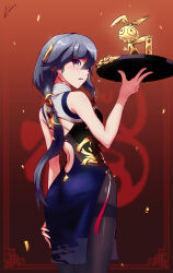  1girl absurdres black_hair black_pantyhose blue_dress blue_eyes china_dress chinese_clothes chinese_new_year commentary_request dress fu_hua fu_hua_(blue_swallow) highres holding holding_tray homu_(honkai_impact) honkai_(series) honkai_impact_3rd linxxx looking_at_viewer looking_back pantyhose sleeveless sleeveless_dress solo tray 