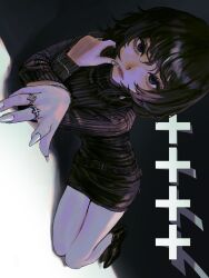  1girl absurdres black_background black_eyes black_eyeshadow black_nails black_shoes black_skirt black_sweater bracelet chain chain_bracelet cross_background earrings eyelashes eyeshadow finger_to_mouth full_body hair_between_eyes highres jewelry lips long_sleeves looking_at_viewer lui_n24 lying makeup medium_hair multiple_bracelets multiple_rings nail_ornament on_side original parted_lips ring shoes sideways skirt solo sweater white_background white_nails wolf_cut 