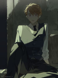  1boy artist_name black_necktie black_pants black_vest brown_eyes brown_hair collared_shirt commentary_request formal_clothes highres koeda_(k83_4) long_sleeves looking_at_viewer luke_pearce_(tears_of_themis) male_focus necktie open_mouth pants shirt short_hair solo tears_of_themis vest white_shirt 