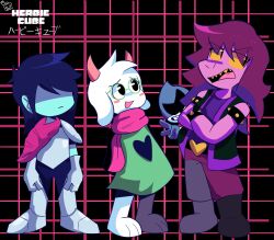  1girl 1other 2025 2boys 2d ambiguous_gender animal_ears anthro armlet armor armored_boots artist_name barefoot black_armlet black_background black_boots black_jacket blue_hair blue_skin blush_stickers body_fur bodysuit boots colored_sclera colored_skin colored_teeth creature crossed_arms deltarune digital_media droopy_ears fangs female floppy_ears full_body furry furry_male gauntlets glasses goat goat_boy green_hat green_robe grid_background hair_over_eyes hat herbiecube highres horns human jacket kris_(dark_world)_(deltarune) kris_(deltarune) lancer_(deltarune) lizard lizard_girl long_hair long_sleeves male monster monster_girl multiple_boys open_mouth pants pink_hair pink_horns pink_scarf pink_skin purple_pants ralsei reptile reptile_girl robe round_eyewear scalie scarf sharp_teeth short_hair sideways_glance simple_background sleeveless sleeveless_jacket slit_pupils spade_(shape) spiked_armlet standing susie_(dark_world)_(deltarune) susie_(deltarune) teeth utdr_(toby_fox) v variant_set white_fur wizard_hat yellow_sclera yellow_teeth 