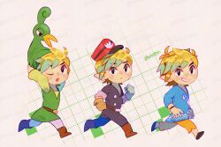  3boys :< ;o adjusting_clothes adjusting_headwear adversarial_noise artist_name black_eyes black_jacket black_pants blonde_hair blue_shirt boots brown_boots buttons double-breasted ezlo gloves green_hat green_tunic grin hat highres jacket link long_sleeves looking_at_viewer multiple_boys multiple_persona one_eye_closed orange_gloves orange_pants pants red_hat running shirt short_hair smile the_legend_of_zelda the_legend_of_zelda:_spirit_tracks the_legend_of_zelda:_the_minish_cap the_legend_of_zelda:_the_wind_waker tokuura toon_link tunic twitter_username watermark watermark_grid white_pants yellow_background 