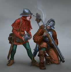  2boys absurdres ammunition_pouch antique_firearm armor arquebus autocannon bayonet bollock_dagger boots breastplate brown_boots brown_eyes brown_shoes bullpup cannon chainmail coif dagger gambeson gun helmet highres hood ivan_yakushev kettle_helm knife multiple_boys on_one_knee original pouch puffy_sleeves red_hair reloading revolver scar scar_across_eye scar_on_face shoes smoke smoking_barrel sword weapon 