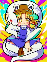  1girl blonde_hair blue_dress blush_stickers brown_hat brown_shoes chibi chibi_only closed_mouth commentary_request dot_nose dress hair_ribbon hat highres indian_style ishiki_nuru long_sleeves looking_at_viewer medium_hair moriya_suwako parted_bangs pinafore_dress red_ribbon ribbon shirt shoes sitting sleeveless sleeveless_dress smile snake solo thigh-highs touhou watermark white_shirt white_snake white_thighhighs wide_sleeves yellow_eyes 