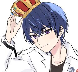  1boy closed_mouth commentary_request crown dog_tags highres jacket long_sleeves looking_at_viewer male_focus marius_von_hagen_(tears_of_themis) mtkignsn purple_hair short_hair simple_background smile solo tears_of_themis upper_body violet_eyes white_background white_jacket 