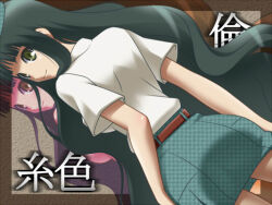  1girl ass awa belt blue_skirt blunt_bangs commentary_request cowboy_shot from_behind green_eyes hand_on_own_hip hat itoshiki_rin long_hair miniskirt sayonara_zetsubou_sensei shirt short_sleeves skirt smile translated turning_head white_shirt 