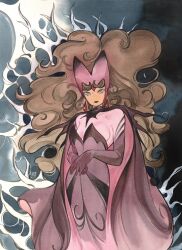  1girl big_hair black_trim blue_background breasts brown_hair cape comic_cover cover cover_page curly_hair dress earrings gloves green_eyes highres jewelry long_hair looking_up marvel medium_breasts official_art peach_momoko pink_bodystocking red_cape red_dress red_gloves red_tiara scarlet_witch solo strapless strapless_dress teardrop_earrings textless_version wanda_maximoff white_background 