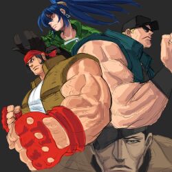  bandana baseball_cap black_gloves black_hair black_hat blonde_hair clark_still earrings eyepatch fingerless_gloves gloves green_jacket groovy_(docilebread) hat heidern highres ikari_warriors jacket jewelry leona_heidern mature_male muscular muscular_male ponytail ralf_jones red_eyes red_gloves shirt soldier the_king_of_fighters triangle_earrings vest white_shirt 