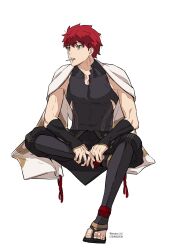  1boy black_pants brown_eyes cape cigarette commentary_request commission emiya_shirou fate/grand_order fate_(series) full_body gyogyo_hjj highres invisible_chair korean_commentary male_focus pants red_hair sandals senji_muramasa_(fate) sitting smoking solo twitter_username white_cape 