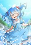  1girl absurdres blue_dress blue_sky closed_eyes clouds commentary dress facing_viewer hair_bobbles hair_ornament highres kawashiro_nitori key korean_commentary open_mouth outdoors qudtjr4682 short_hair short_sleeves sky smile solo teeth touhou two_side_up upper_teeth_only wading 
