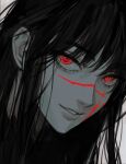 1girl @_@ black_hair chainsaw_man cross_scar eyelashes greyscale highres leedare614 long_hair looking_at_viewer monochrome parted_lips portrait red_eyes scar scar_on_cheek scar_on_face simple_background smile solo yoru_(chainsaw_man) 