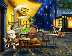  alternate_color arboliva artist_name black_hat bottle brown_scarf building ceiling_light chair chikorita closed_eyes closed_mouth clothed_pokemon commentary crossed_legs cup dachsbun dog english_commentary fangs furfrou furfrou_(debutante) galarian_weezing glass green_jacket grey_hair hat holding holding_bottle holding_paintbrush jacket long_sleeves night no_humans nostrils oinkologne oinkologne_(female) open_mouth paint_palette paintbrush pineco pokemon pokemon_(creature) pokemon_focus scarf shiny_pokemon signature sinistea sitting sky smeargle smile star_(sky) starter_pokemon_trio steam table tadbulb teacup teeth tepig thecalendork totodile watermark window 