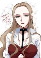  1girl black_choker blonde_hair business_suit choker coat collarbone earrings green_eyes half-closed_eyes hexagon_earrings highres hoop_earrings jewelry long_hair marumi_(im_60z) oleana_(pokemon) parted_hair pokemon pokemon_swsh red_lips red_nails red_shirt shirt solo suit upper_body white_coat 