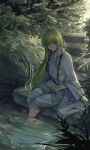  1other absurdres androgynous character_request check_character collarbone cy9 enkidu_(fate) fate/grand_order fate_(series) green_eyes green_hair hair_between_eyes highres long_hair outdoors robe sidelocks sitting smile solo very_long_hair white_robe 