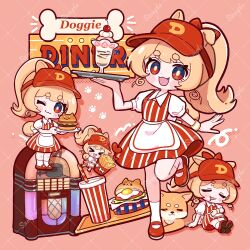  1girl :3 :d ;3 akane_(akane112234) animal_ears blonde_hair blush_stickers bright_pupils chibi closed_eyes closed_mouth commentary_request dog_ears dog_girl dog_tail dot_nose dress fang food full_body hat highres holding holding_tray jukebox long_hair looking_at_viewer multiple_views one_eye_closed open_mouth original parfait ponytail red_dress red_eyes red_hat red_shoes sample_watermark shoes short_sleeves smile socks standing standing_on_one_leg striped_clothes striped_dress tail thick_eyebrows tray vertical-striped_clothes vertical-striped_dress visor_cap waitress watermark watermark_grid white_pupils white_socks 