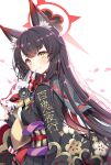  1girl absurdres animal_ears black_hair blue_archive closed_mouth fingerless_gloves fox_ears fox_mask gloves halo highres holding holding_mask japanese_clothes kimono kunikune long_hair looking_at_viewer mask obi print_kimono sash wakamo_(blue_archive) yellow_eyes 