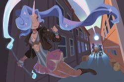  1girl baton_(weapon) black_jacket boots celeste_(deadlock) deadlock_(game) earrings frills gameplay_ability gameplay_mechanics horns iniro jacket jewelry multicolored_hair one_eye_closed pink_hair ponytail single_horn smile solo sparkle sun_symbol sun_tattoo tattoo unicorn_girl weapon 