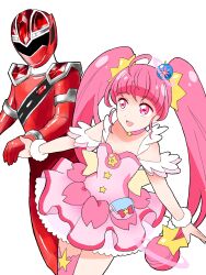  1boy 1girl :d ahoge arched_bangs assault_visor asymmetrical_legwear back_bow bodysuit bow brooch choker circle_skirt commentary company_connection cowboy_shot crossover cure_star dress elbow_gloves fur_cuffs fur_trim fur_wrist_cuffs gloves hair_ornament helmet highres holding_hands hoshina_hikaru jewelry kiramai_changer kiramei_red legs_together long_hair looking_at_another magical_girl mashin_sentai_kiramager mask medium_dress open_mouth petticoat pink_choker pink_dress pink_eyes pink_hair pink_thighhighs planet_hair_ornament pouch precure red_bodysuit red_gloves red_helmet shoulder_pads silver_trim simple_background single_thighhigh sleeveless sleeveless_dress smile star_(symbol) star_brooch star_choker star_hair_ornament star_twinkle_precure super_sentai tetena18 thigh-highs toei_company tokusatsu twintails uneven_legwear very_long_hair white_background wrist_cuffs 