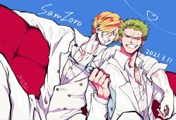  2boys absurdres arm_around_shoulder blonde_hair blue_background blue_necktie commentary_request couch dated earrings facial_hair feet_out_of_frame green_hair grin hair_over_one_eye heart highres jacket jewelry looking_at_viewer male_focus multiple_boys necktie on_couch one_eye_closed one_piece roronoa_zoro sanji_(one_piece) scar scar_across_eye scar_on_face shi_camellia8 shirt short_hair sitting smile suit_jacket upper_body white_jacket white_shirt wing_collar 