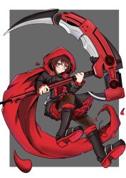  1girl absurdres alternate_hair_color bakuma black_boots black_corset black_dress blush boots border breasts brown_hair brown_pantyhose cape closed_mouth colored_tips combat_boots commentary_request corset dress falling_petals floating frilled_dress frills full_body gradient_hair grey_background grey_eyes hair_between_eyes highres holding holding_scythe holding_weapon hood hood_up hooded_cape knee_boots long_sleeves looking_at_viewer mechanical_scythe medium_breasts multicolored_boots multicolored_hair outside_border pantyhose petals red_boots red_cape red_corset red_dress red_hair rose_petals ruby_rose rwby scythe short_dress smile solo two-tone_boots two-tone_corset two-tone_dress underbust weapon white_border 