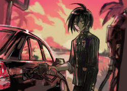  1boy ahoge black_hair black_jacket buttons car commentary danganronpa_(series) danganronpa_v3:_killing_harmony english_commentary gas_station hair_between_eyes highres holding jacket long_sleeves looking_at_viewer male_focus mercedes-benz motor_vehicle parody pinstripe_jacket pinstripe_pattern pngheavy_(style) saihara_shuichi short_hair snoozaga solo striped_clothes striped_jacket style_parody upper_body 