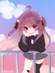  1girl absurdres ahoge arm_support bandaid bandaid_on_leg black_cardigan black_thighhighs bow bowtie broken_heart broken_heart_hair_ornament brown_hair cardigan commentary dress_shirt evil_neuro-sama grey_skirt heart highres long_hair long_sleeves miniskirt nenemu_55 outdoors parted_lips railing red_bow red_bowtie red_eyes red_ribbon ribbon shirt single_thighhigh skirt solo thigh-highs torn_hair_ribbon two_side_up vedal_ai white_shirt 