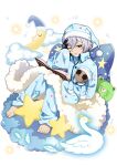  1other bad_source barefoot black_hair bungou_stray_dogs child doll feet hair_between_eyes hat long_sleeves multicolored_hair official_art one_eye_closed pajamas parted_lips star_(symbol) stuffed_toy toenails toes transparent_background two-tone_hair white_hair yumeno_kyuusaku_(bungou_stray_dogs) 