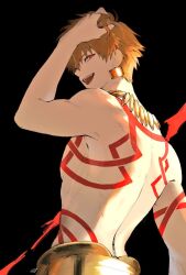  1boy black_background blonde_hair body_markings commentary_request earrings fate/grand_order fate_(series) gilgamesh_(fate) hand_in_own_hair jewelry looking_at_viewer male_focus necklace open_mouth red_eyes senmochi_02 short_hair smile solo topless_male 