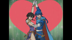  1990s_(style) 1boy 1girl armor belt black_hair blue_hair blue_tunic breastplate cape commission commissioner_upload couple fire_emblem fire_emblem:_genealogy_of_the_holy_war g_gundam gloves gundam headband heart hetero highres holding_hands interlocked_fingers kshatriya_666 larcei_(fire_emblem) long_hair looking_at_viewer open_mouth purple_tunic retro_artstyle scene_reference sekiha_love-love_tenkyoken seliph_(fire_emblem) sheath sheathed short_hair shoulder_armor sidelocks sword symmetrical_hand_pose tunic tyrfing_(fire_emblem) vhs_artifacts weapon white_headband 