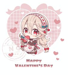  1girl alternate_costume alternate_hairstyle apron blue_eyes blush_stickers bow box braid brown_dress chibi chibi_only closed_mouth commentary_request dress female_corrin_(fire_emblem) fire_emblem fire_emblem_fates full_body grey_hair hair_between_eyes hair_bow hairband happy_valentine heart heart-shaped_box highres hiyori_(rindou66) holding holding_box long_hair long_sleeves looking_at_viewer multiple_hair_bows outline pantyhose red_bow red_eyes red_shoes shoes smile solo striped_clothes striped_pantyhose twin_braids twitter_username vertical-striped_clothes vertical-striped_pantyhose very_long_hair watermark white_apron white_outline 